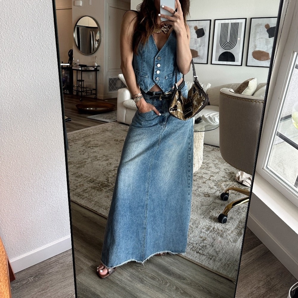 12th Tribe Denim Blue Maxi Skirt with Slit
